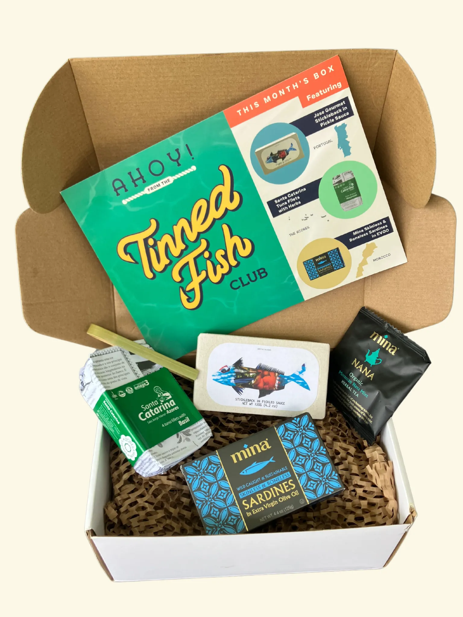 Tinned Fish Club May box of imported tinned seafood with snacks and recipes