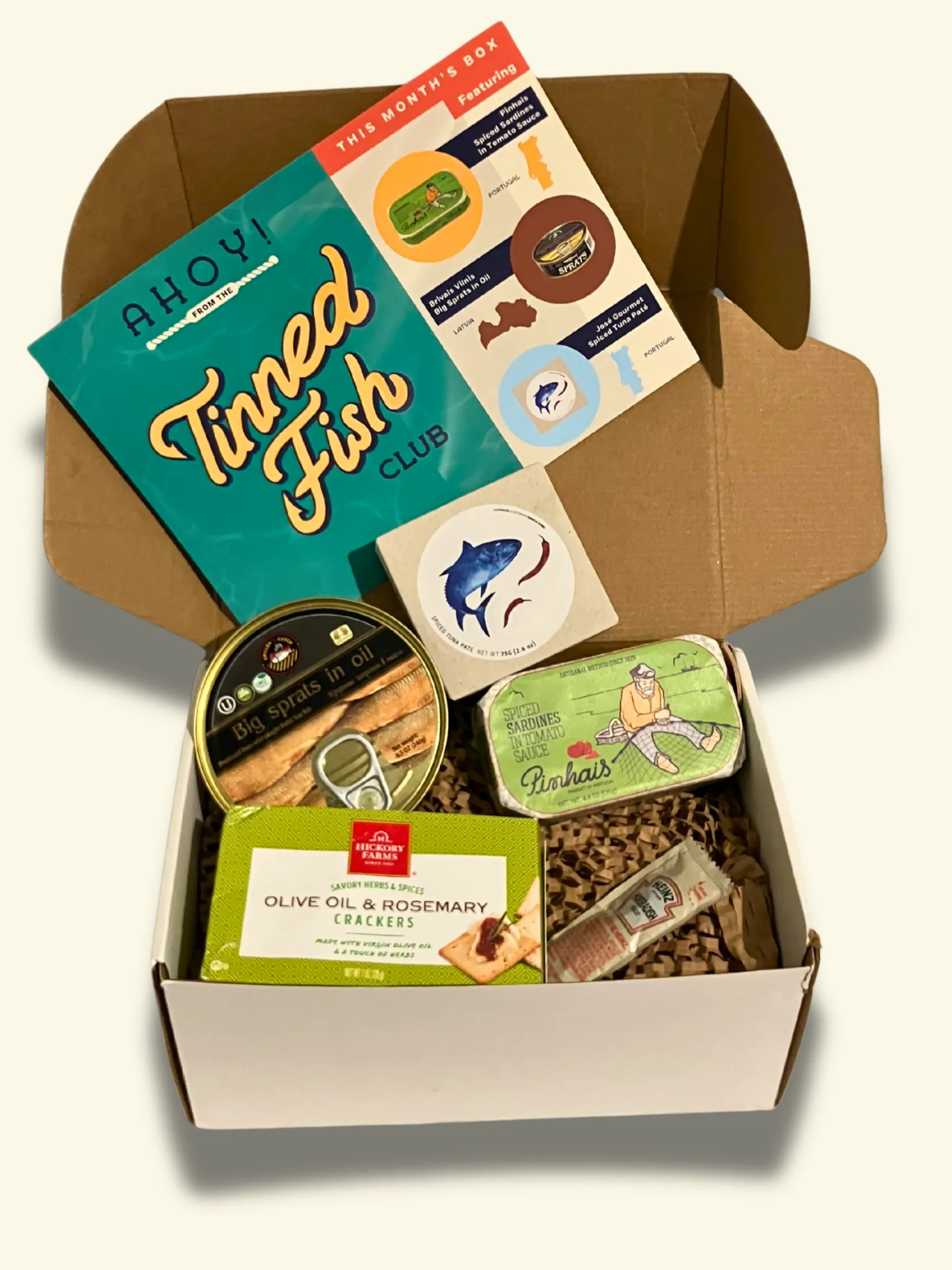 Tinned Fish Club August box selection of imported tinned fish and pairings