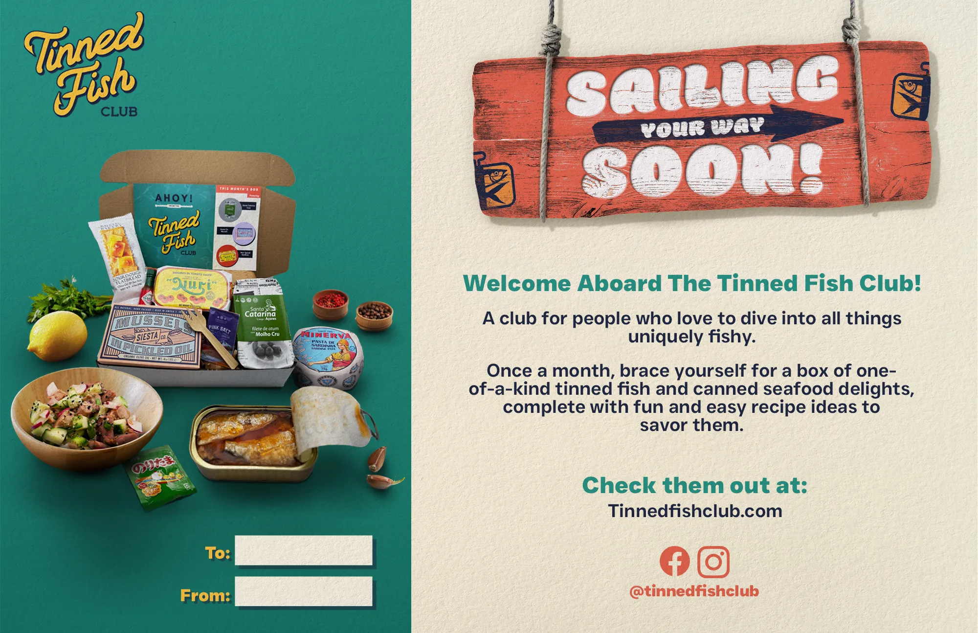 Printable Tinned Fish Club gift certificate with to and from fields and a photo of an open box of tins