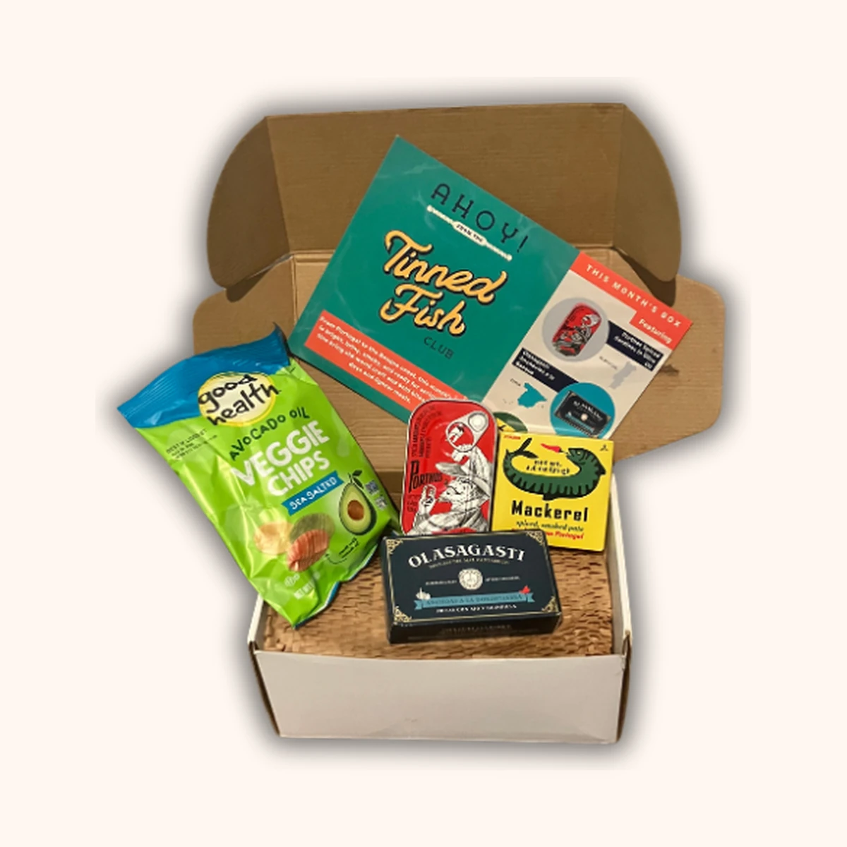 Tinned Fish Club May box of imported tinned seafood with snacks and recipes