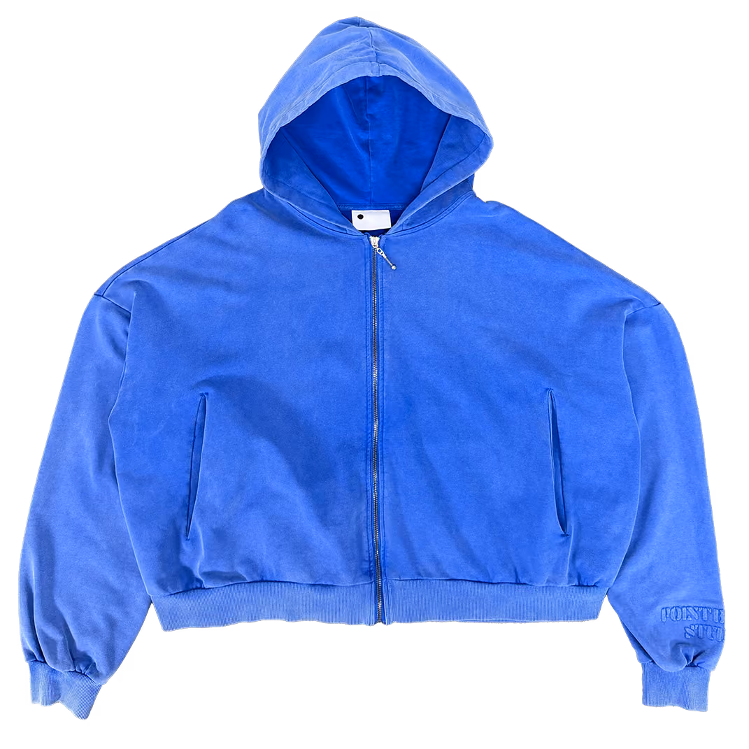 Airy and refined. The Powder Blue Heirloom Zip-Up features a relaxed boxy fit with clouded stack sleeves that add subtle volume. Made from heavyweight cotton and finished with a washed powder tone, it’s equipped with a premium YKK zipper and built for elevated comfort.