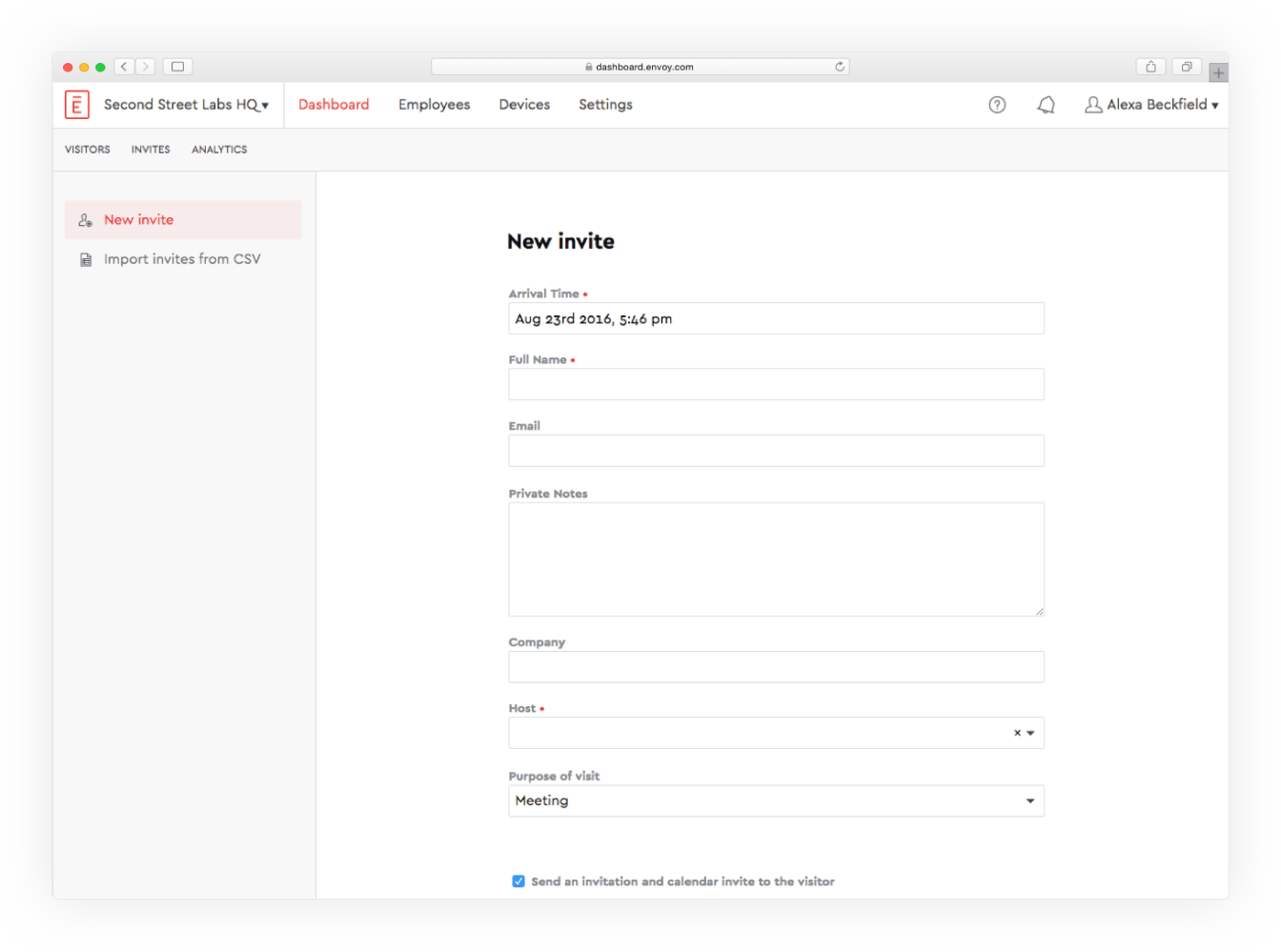 Mockup of a invite dashboard screen