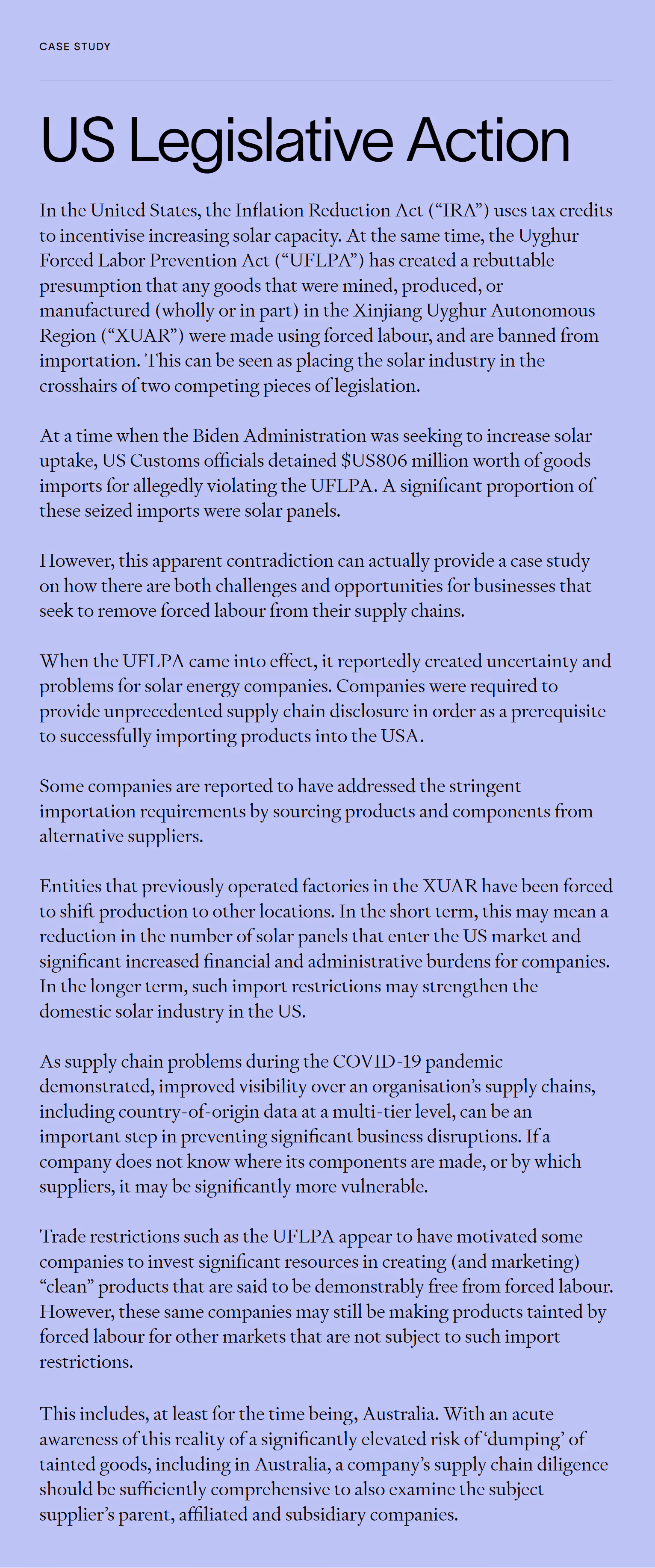 Case study explaining the impact of U.S. legislation—including the Uyghur Forced Labor Prevention Act and Inflation Reduction Act—on solar imports and supply chain transparency, with reference to seized solar panels and enforcement tensions. 
