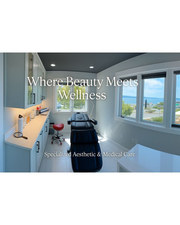 Modern treatment room at Hagen Health & Absolute Aesthetics in Mukilteo with panoramic coastal view. Medical spa specializing in hormone replacement therapy (HRT), advanced aesthetics, laser treatments, injectables, microneedling, acne and rosacea care, scar and stretch mark reduction, and wellness-focused skin rejuvenation.
