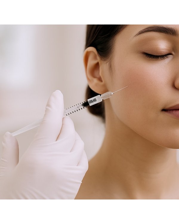 Cosmetic injectable treatment being performed on the cheek in a clinical setting