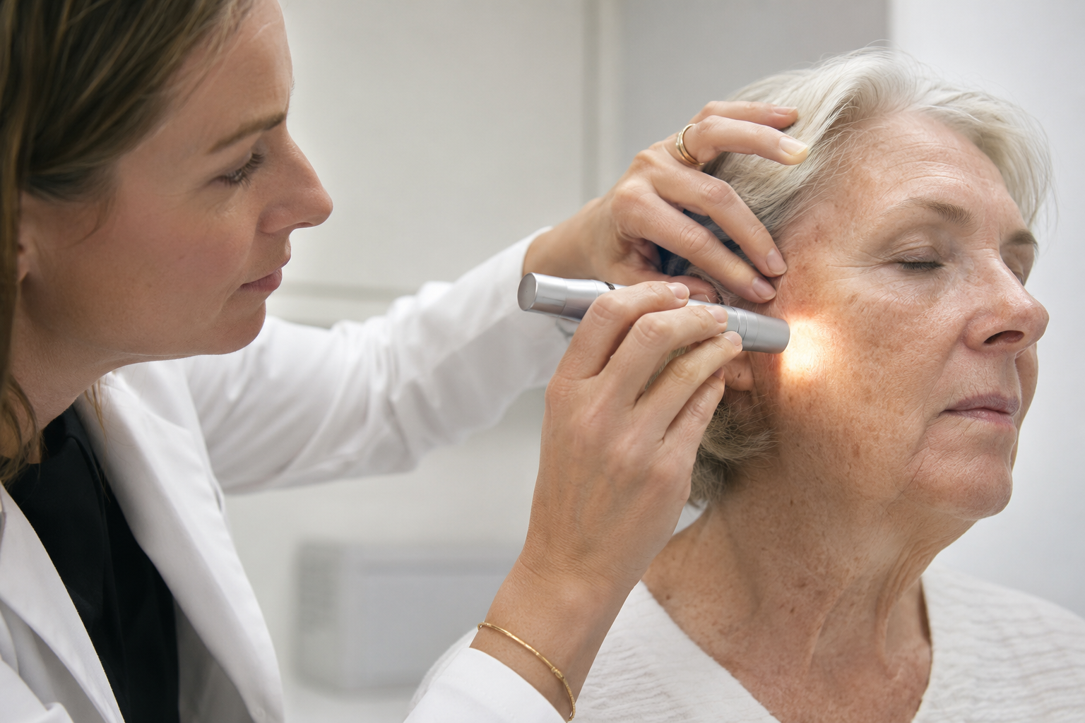 Clinician evaluating sun-exposed facial skin for actinic keratoses