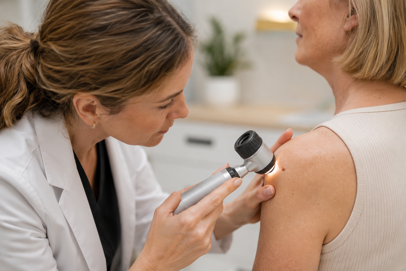 Clinician examining a raised skin growth with a dermatoscope