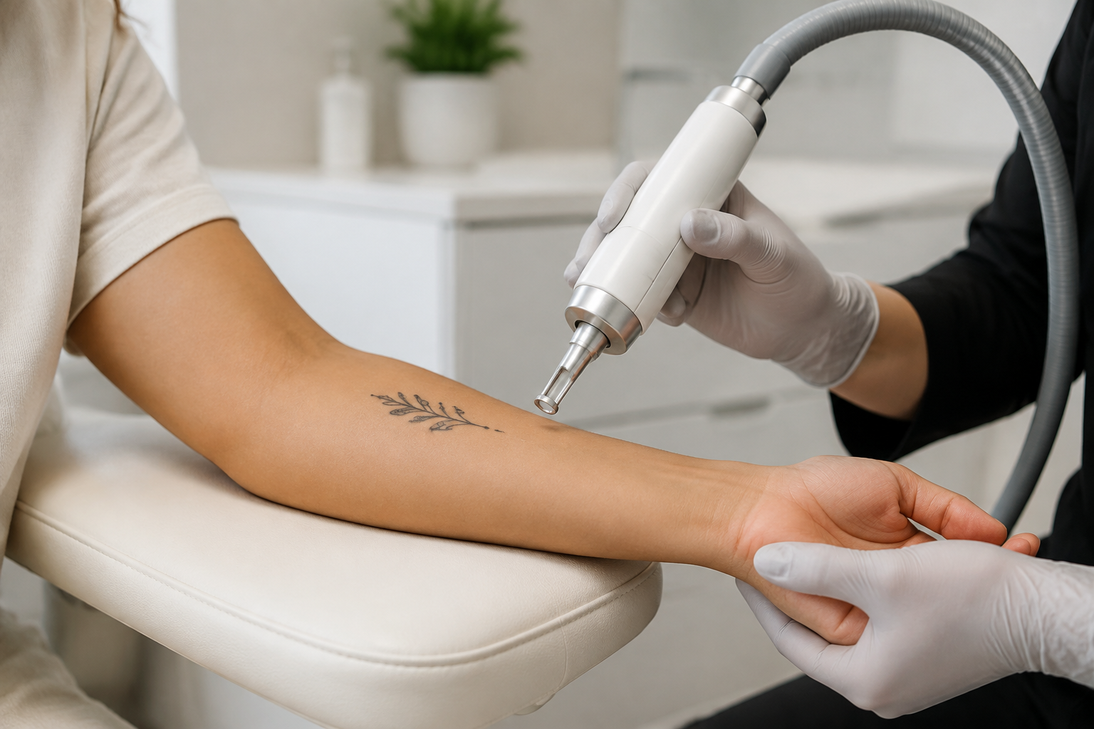 Clinician performing laser tattoo removal on a small forearm tattoo