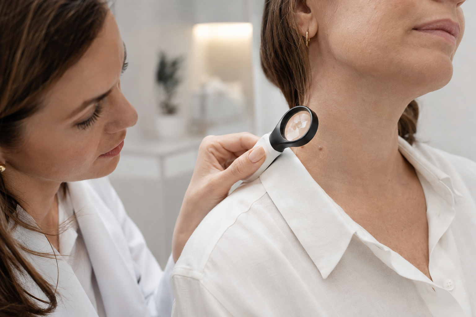 Clinician examining a small skin tag on a patient's neck