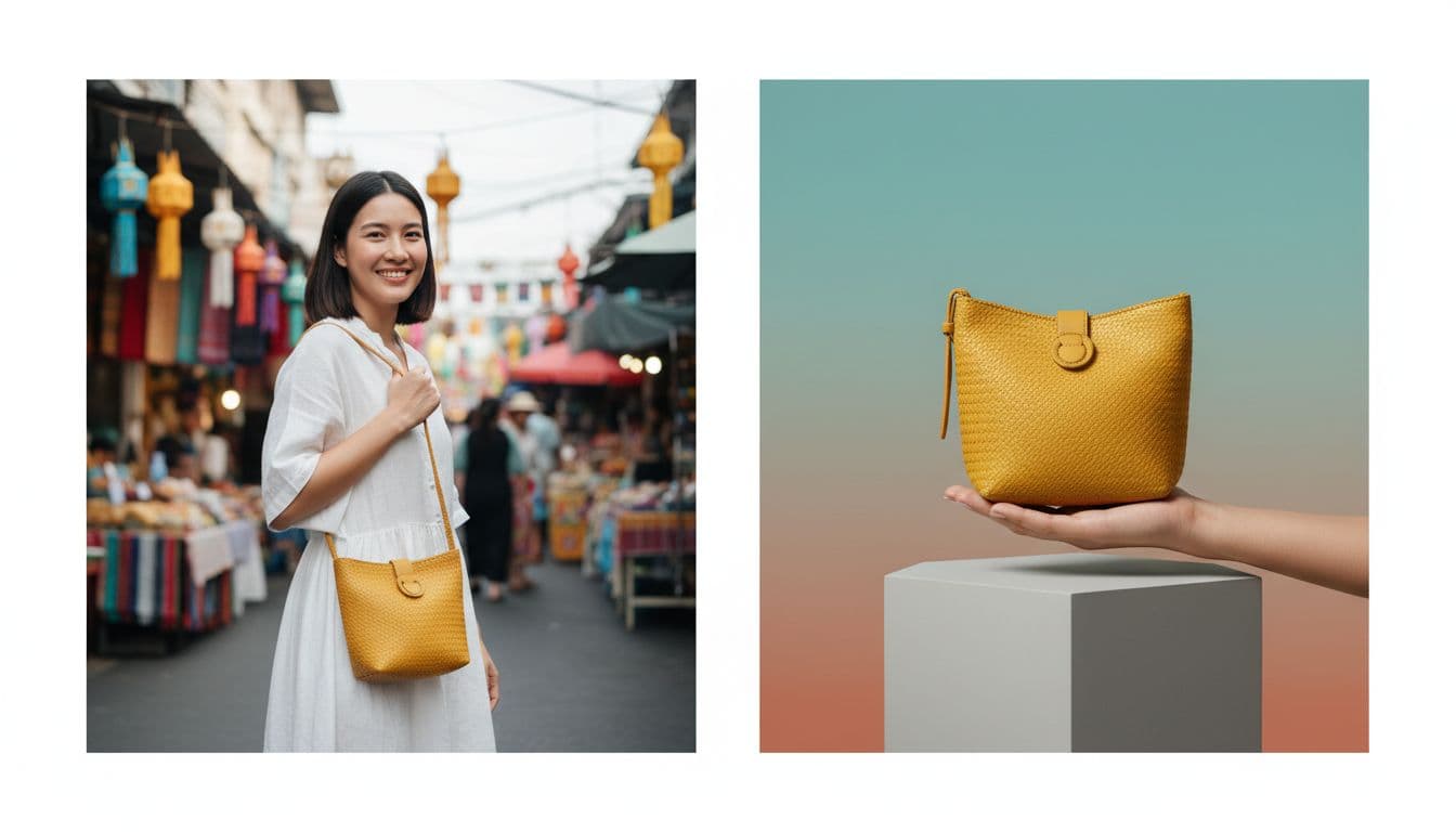 Split-screen modern illustration comparing left-side UGC video-style ad with real person using fashion product and right-side studio-shot product photo ad, infused with Thailand market vibe including subtle street market backgrounds, clean shapes, controlled colors, strong composition, even lighting, one model per side holding product naturally.