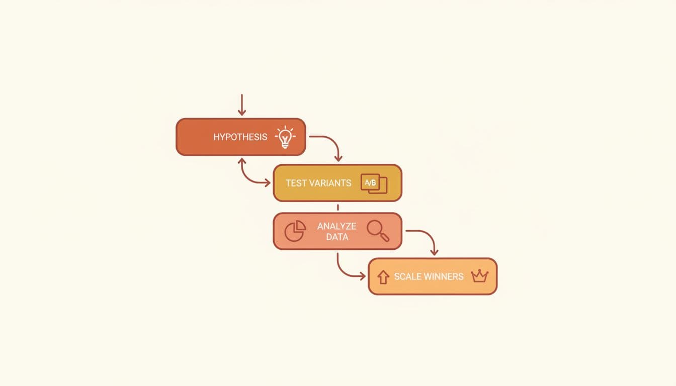 Modern minimalistic illustration of a simple flowchart for Meta Ads creative testing, depicting steps from hypothesis to scaling winners with clean shapes and warm tones.