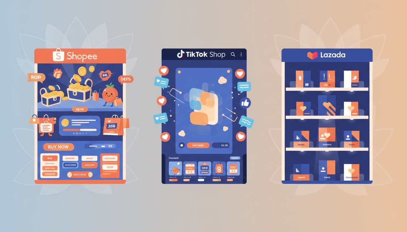 Three stylized digital storefronts side by side on a clean background: playful Shopee gamified shop, energetic TikTok Shop live stream, organized Lazada premium shelves, with subtle Thai lotus motifs in modern blue-orange illustration style.