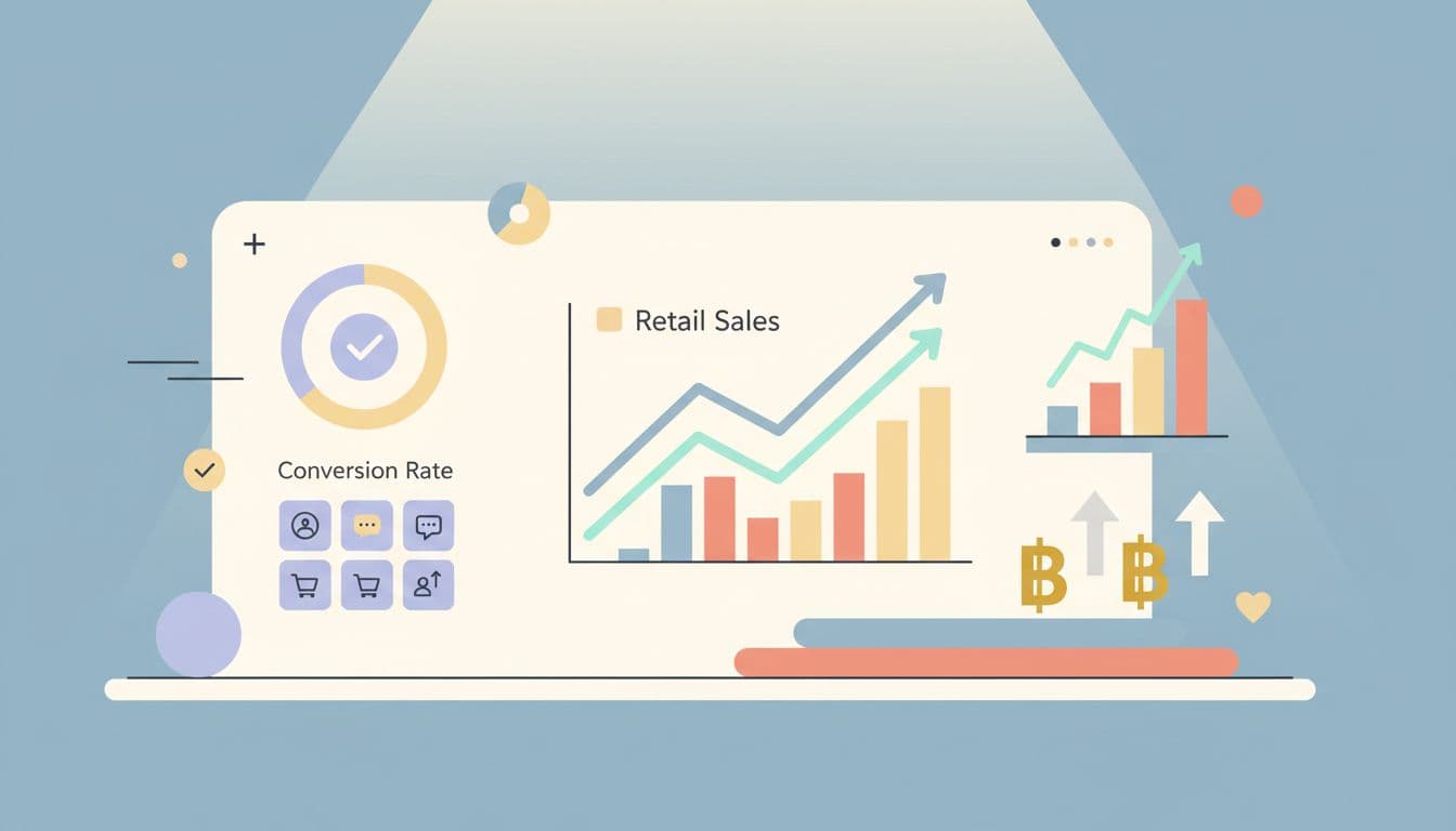 Modern illustration of a data visualization dashboard for LINE OA metrics, featuring graphs, rising trend bars, retail sales icons, and Thai baht symbols in clean pastel colors with strong composition and bright lighting.