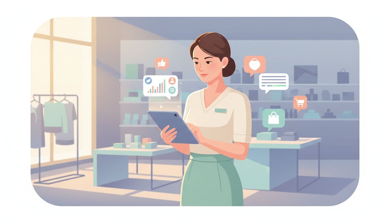 Modern illustration of a Thai retail store manager reviewing LINE Official Account analytics on a tablet, surrounded by floating chat bubbles and shopping icons in clean shapes with controlled pastel colors, strong composition, and warm lighting.
