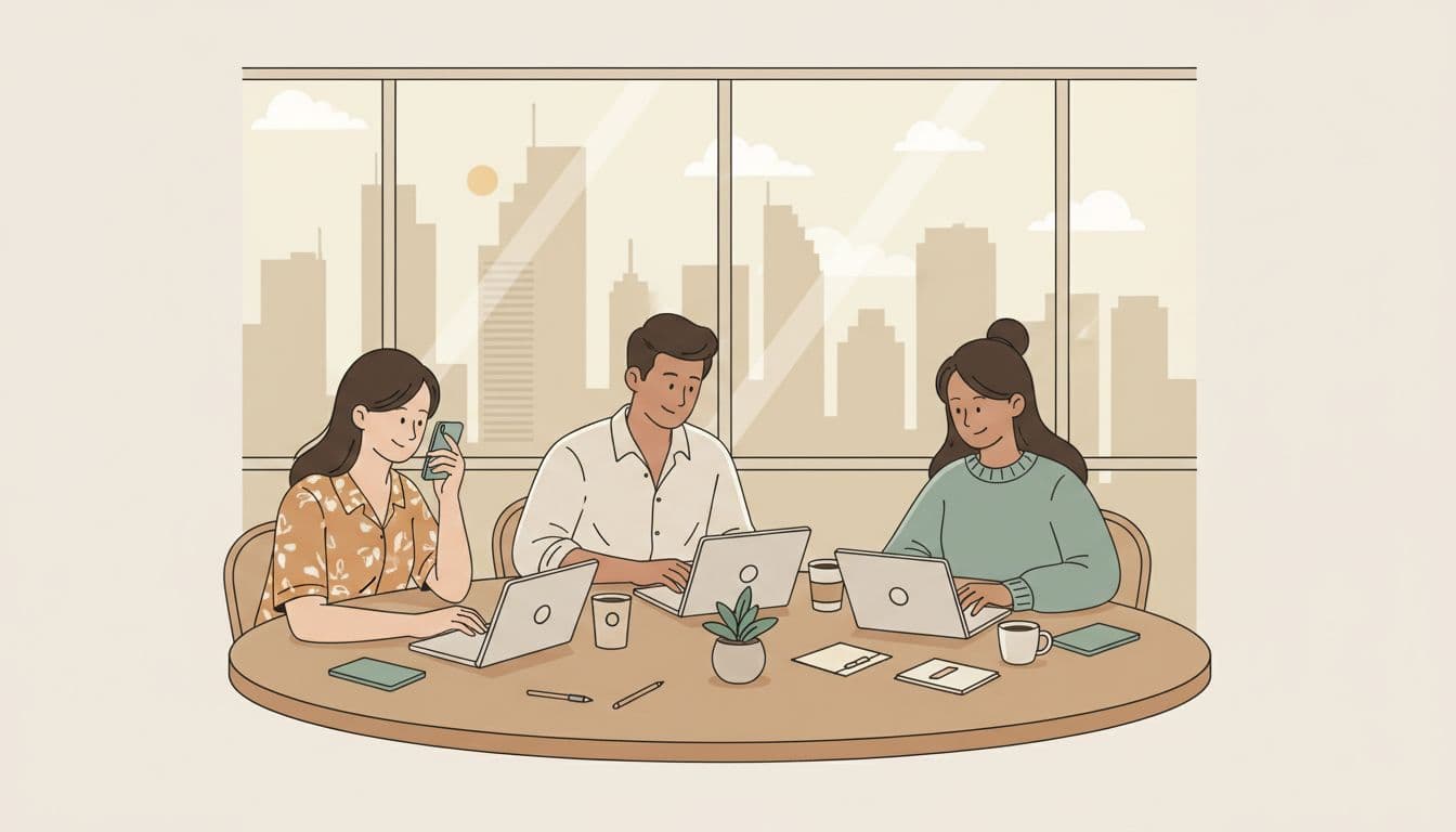 Modern illustration of a diverse group of three Thai content creators—two women and one man—collaborating around a table with laptops and phones, Bangkok skyline visible through the window, in a warm neutral palette with soft lighting.