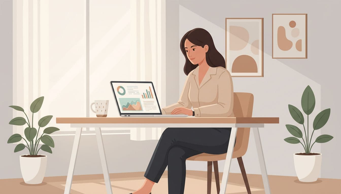 Modern illustration of a female Thai brand manager in her mid-30s at a desk in a contemporary office, analyzing a creator analytics dashboard on her laptop showing engagement and sales graphs, with a coffee mug nearby, in a warm neutral palette with soft lighting.