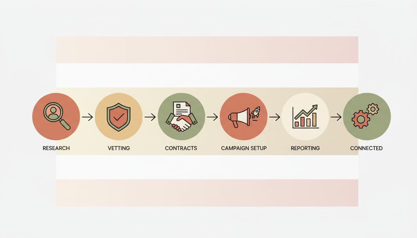 Modern illustration of step-by-step workflow icons for building a creator whitelist, including research, vetting contracts, campaign setup, and reporting, connected by arrows with a subtle Thai flag in the background. Clean shapes in a warm neutral palette with soft lighting on a light background.