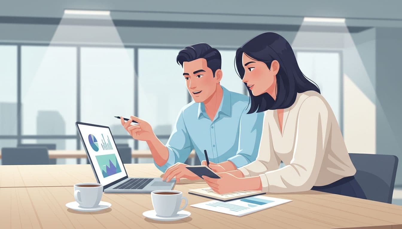 Illustration of a small Thai marketing team of two in a modern open office, relaxedly discussing paid social campaign data on a shared laptop screen angled away, with notepad and coffee cups nearby.