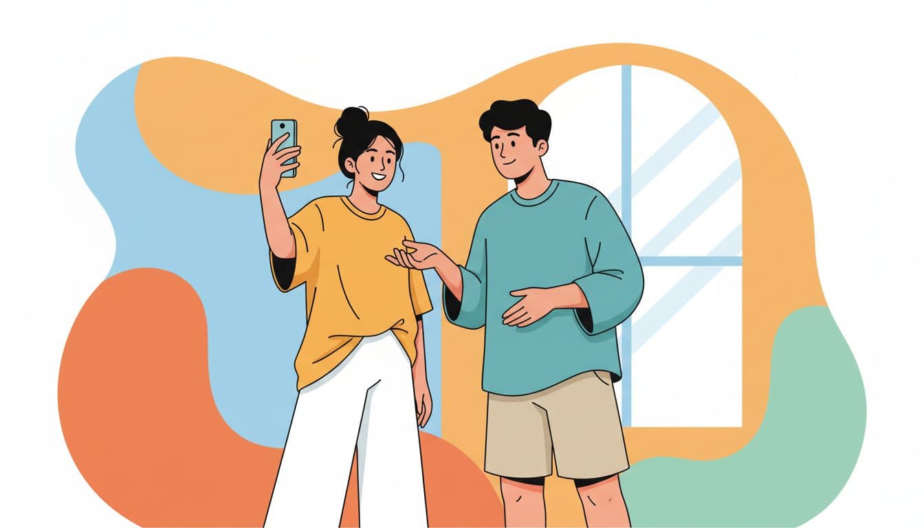 Two young Thai content creators collaborate in a bright casual studio setting on a brand ad video, with one woman holding a phone vertically to film and the other man suggesting ideas with an open hand gesture in a modern illustration style.