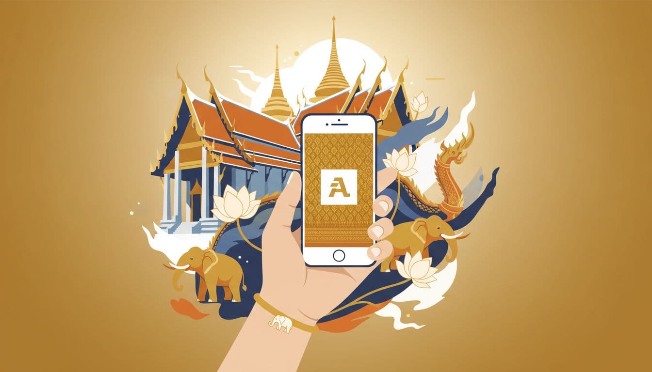 Modern illustration blending Thai temple elements like lotus and elephants with a smartphone screen showing a localized ad, held relaxed in one hand under golden hour lighting with soft focus on cultural motifs.