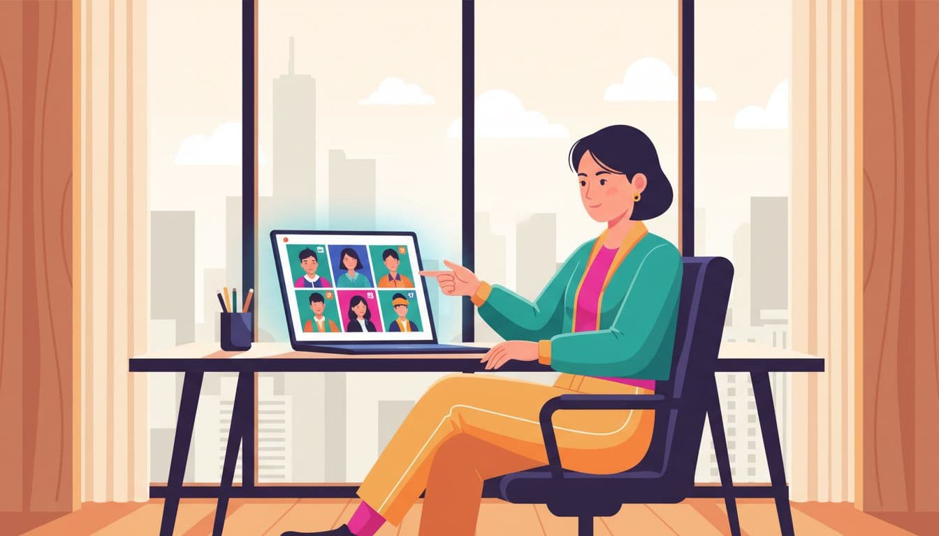 A Thai e-commerce brand team member selects TikTok creators from profiles on a laptop screen in a modern Bangkok office with city skyline view. Centered composition in modern illustration style with vibrant Thai tones and soft lighting.