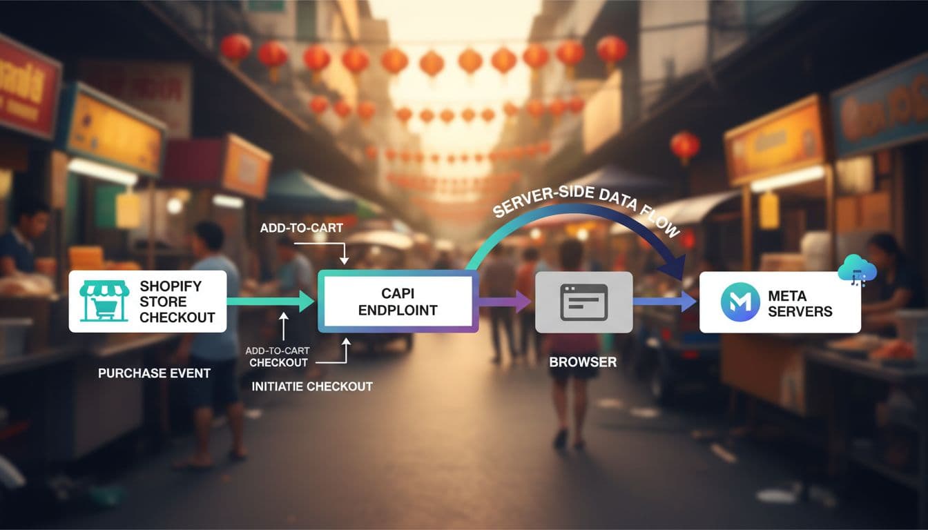 Modern illustration showing server-side data flow from Shopify e-commerce checkout to Meta CAPI endpoint, bypassing the browser, with icons for purchase, add-to-cart, and initiate-checkout events against a Bangkok street market background.