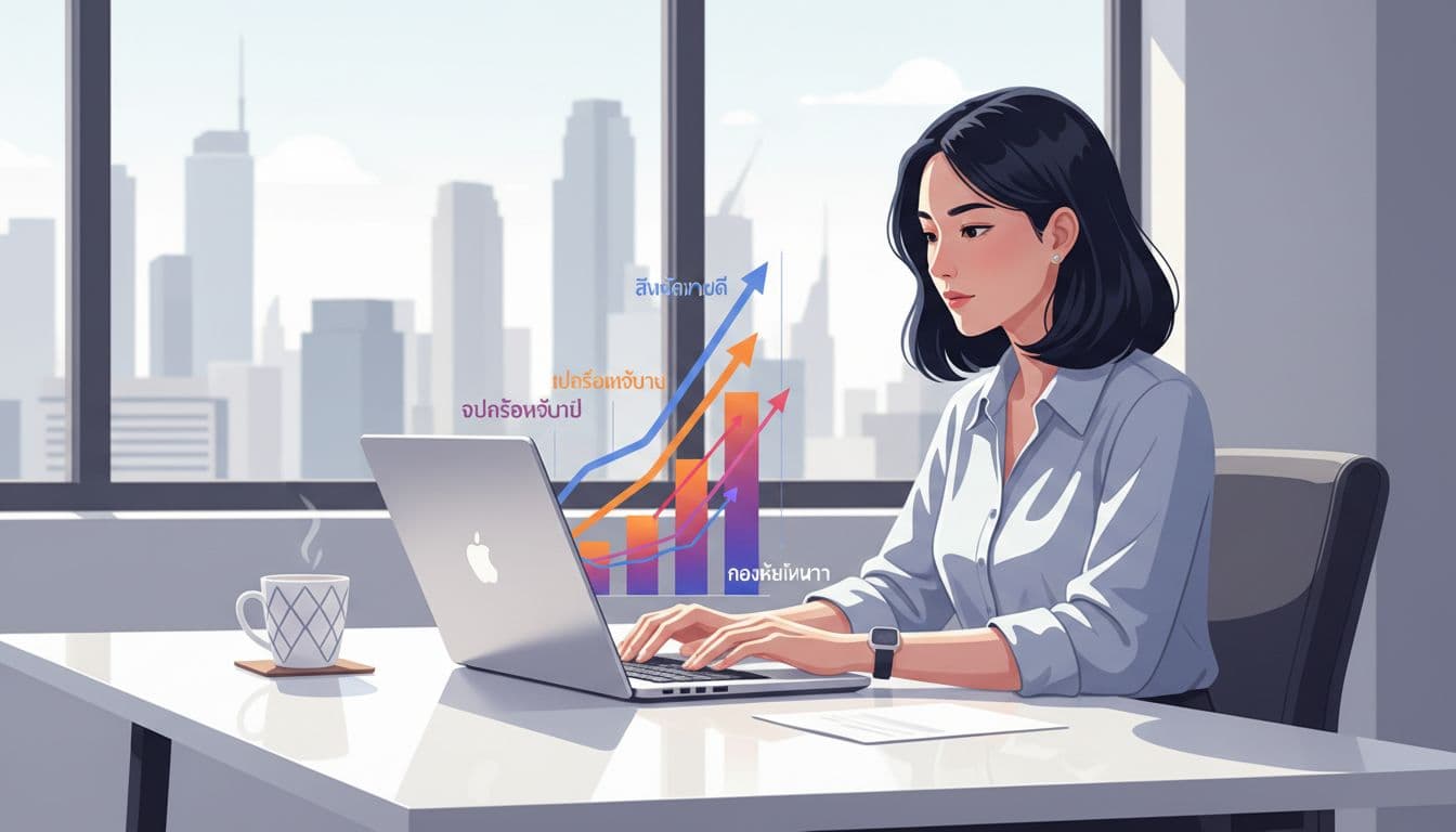 Modern illustration of a focused Thai female marketer at a Bangkok office desk, viewing abstract Shopee keyword search graphs and rising charts in Thai on her laptop, with a coffee cup beside her.