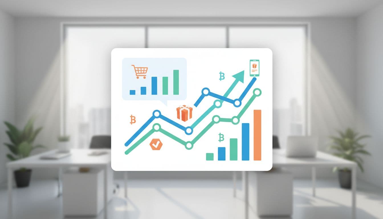 Modern illustration of optimization charts and graphs for Lazada ads, featuring upward trending lines, Thai baht symbols, and product icons on a minimalist office background.