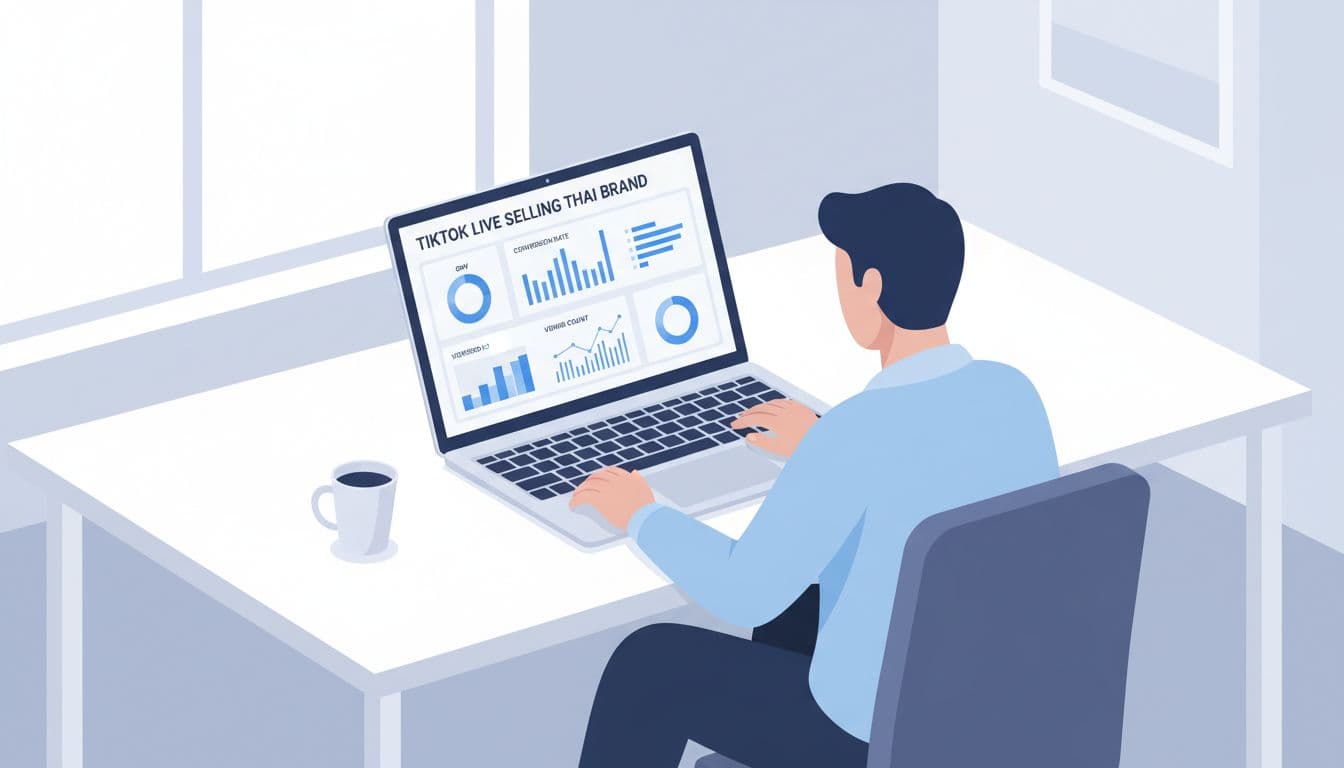 Clean dashboard on a laptop screen displaying TikTok live selling metrics like GMV, conversion rate, and viewer count for a Thai brand, with simple charts in a modern illustration style. Top-down view of one analyst reviewing data in a bright office setting.