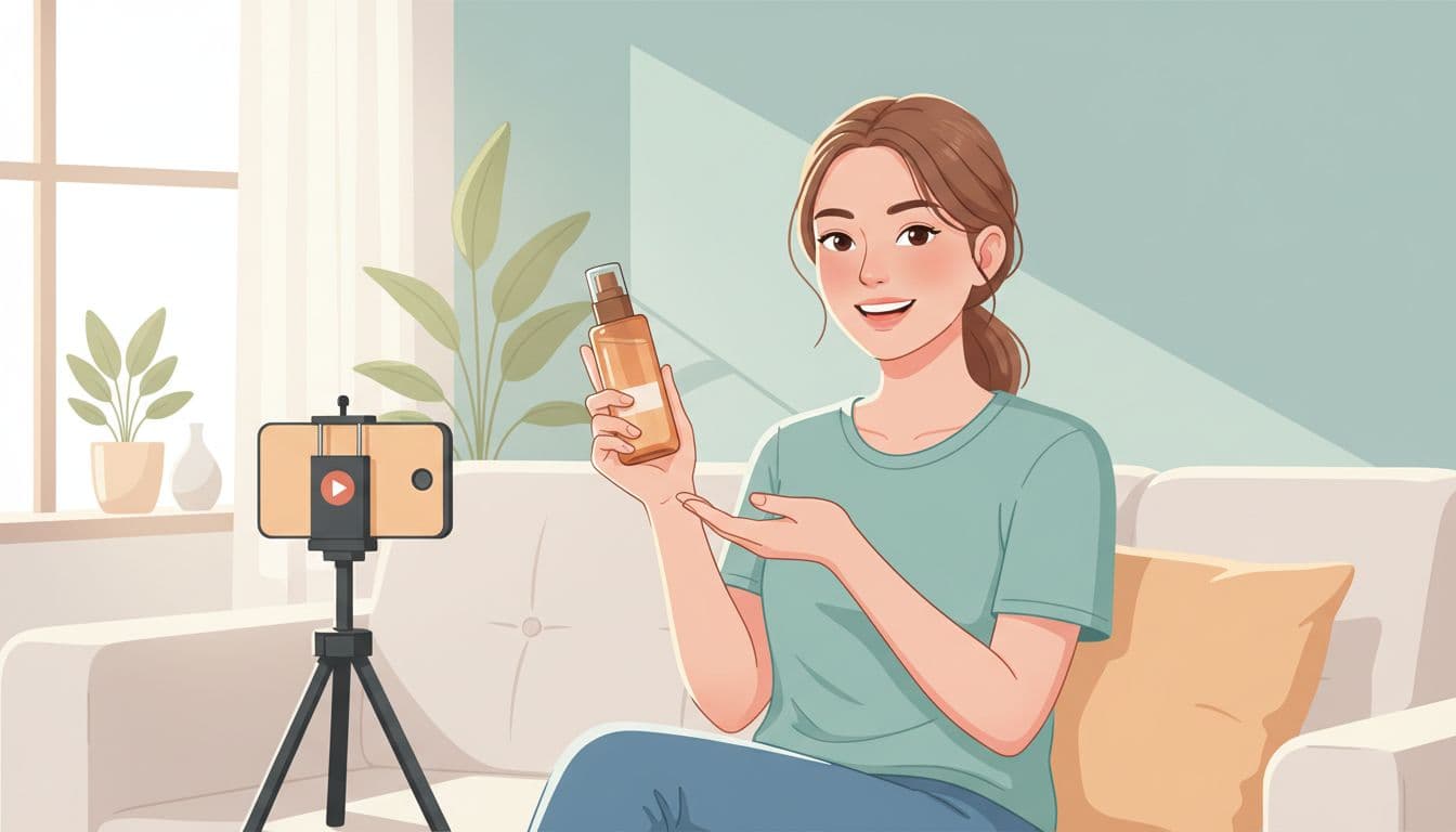 A young Thai woman in her mid-20s with natural makeup smiles at the camera, holding a skincare product bottle in a relaxed pose while filming a quick YouTube Short tutorial in a home setting with a phone on a tripod.