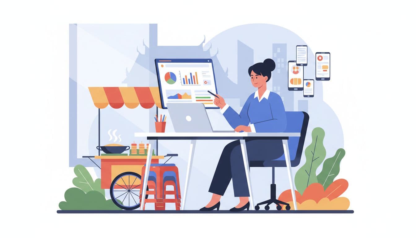 Modern illustration of a Thai consumer brand marketer seated at a desk with a laptop displaying the Google Demand Gen dashboard, surrounded by Thai cultural elements including street food stalls and mobile phones in the background.
