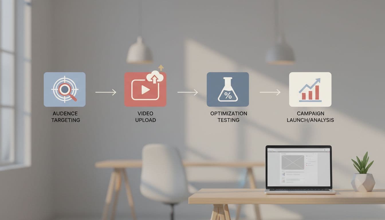 Modern illustration of step-by-step flowchart icons for Demand Gen campaign build, using subtle Thai flag colors for audience targeting, video upload, optimization, and testing on a simple desk with one laptop.