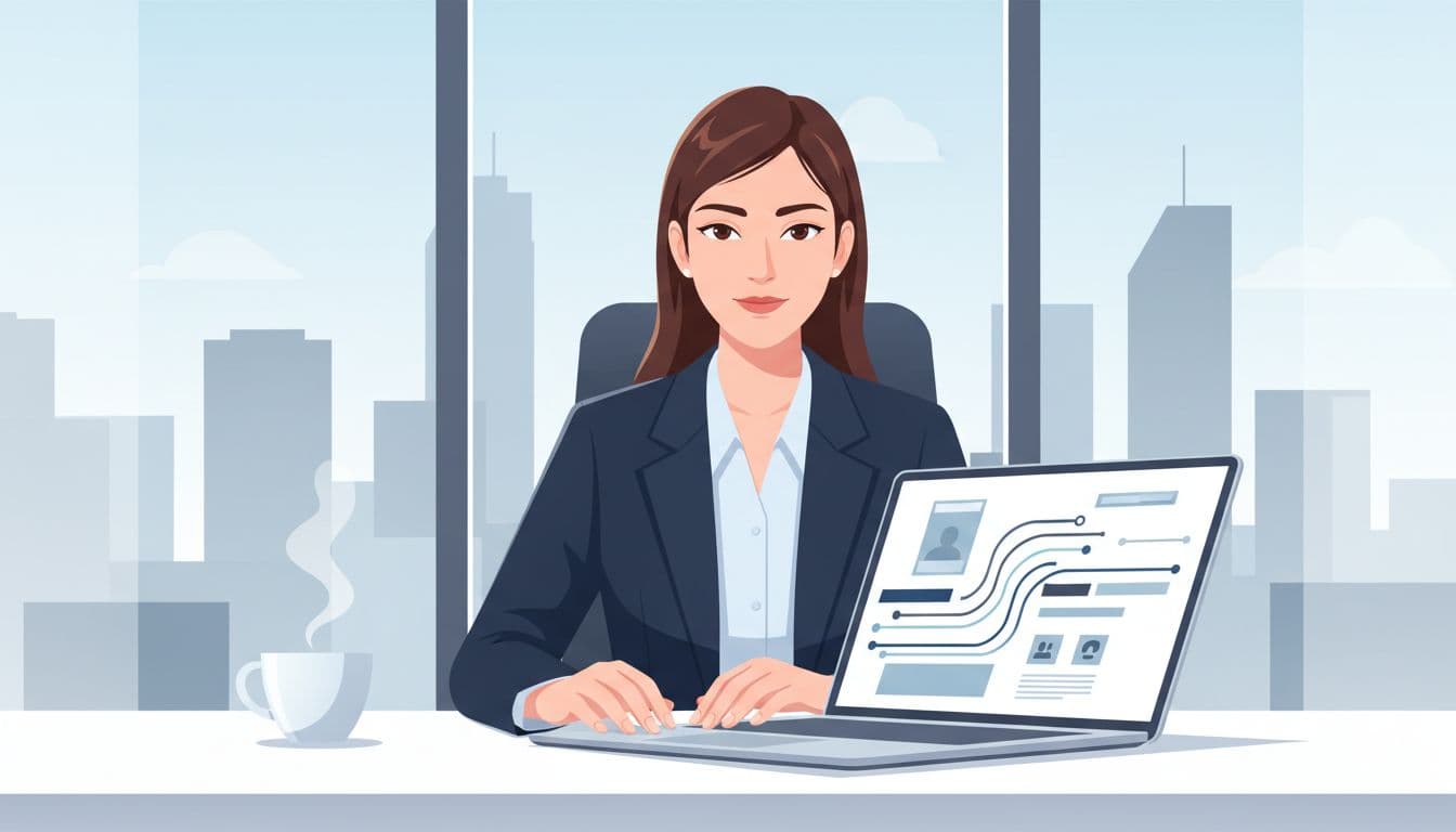 Modern illustration of a focused Thai retail marketing professional configuring Meta product catalog and pixel on a laptop in a bright office overlooking the Bangkok skyline, featuring clean shapes and a professional color palette.