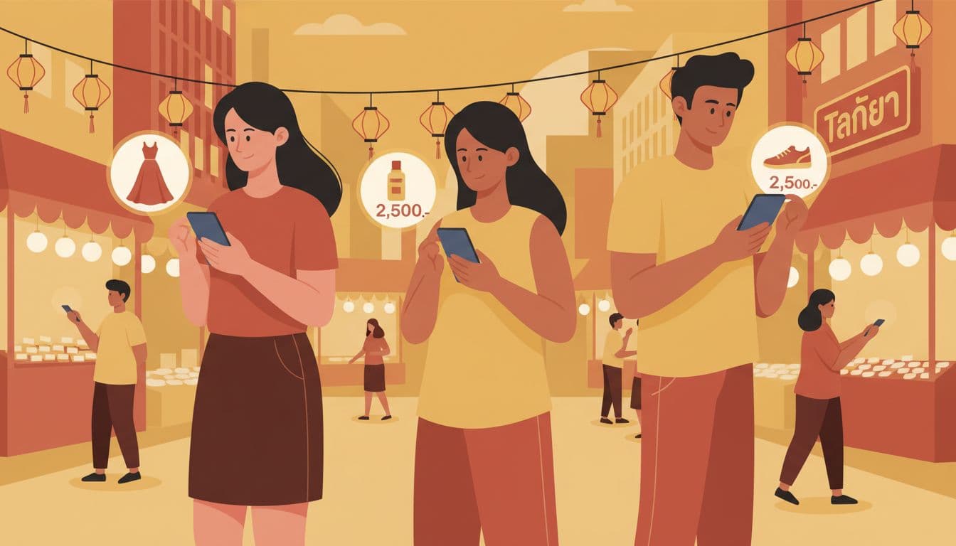 Modern illustration of Thai shoppers in an urban evening market viewing Instagram shopping promotions in THB for fashion and beauty products on their phones, using a warm color palette and strong composition.