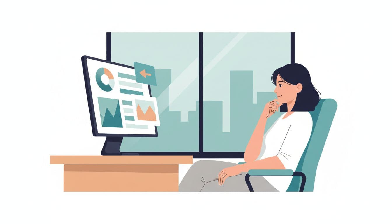 Modern illustration of a Thai brand manager in a simple office reviewing a TikTok campaign dashboard with blurred charts showing metrics like CTR and ROAS.
