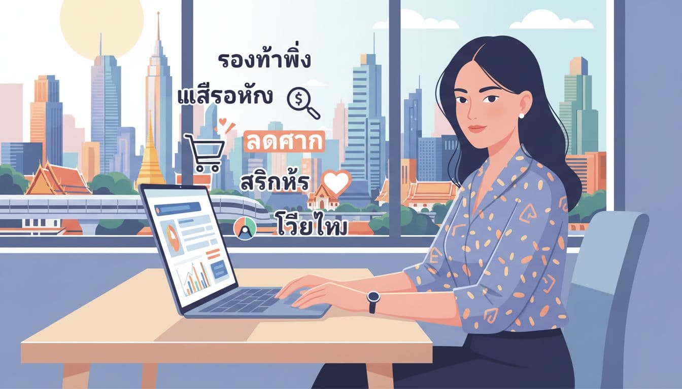 Modern illustration of a Thai marketer at a desk reviewing TikTok search data on a laptop, surrounded by floating Thai keywords like 'รองเท้าวิ่ง' and shopping icons, with a vibrant Bangkok cityscape through the window.