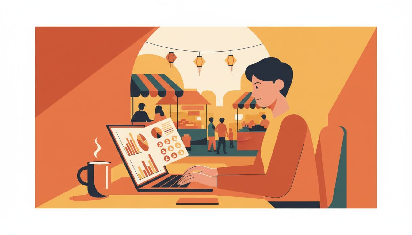 Modern illustration of a brand manager at a desk reviewing budget charts and influencer profiles on a laptop, with a coffee mug nearby and Thai street market visible through the window. Clean shapes in warm tones focus on the desk composition.