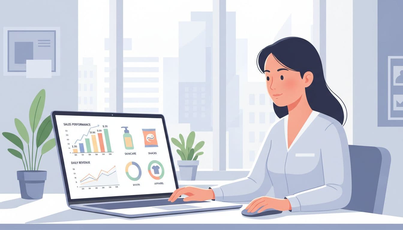 Modern illustration of a Thai consumer brand ecommerce dashboard on a laptop screen in a bright Bangkok office, with one analyst reviewing sales data graphs featuring Thai baht symbols and product icons like skincare and snacks.