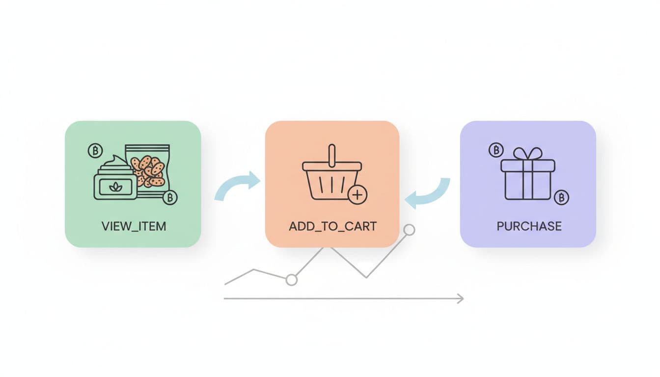 Modern pastel illustration of a simple flowchart showing key GA4 ecommerce events flow from view item to add to cart to purchase, featuring Thai products like beauty cream and street food snacks with baht symbols.