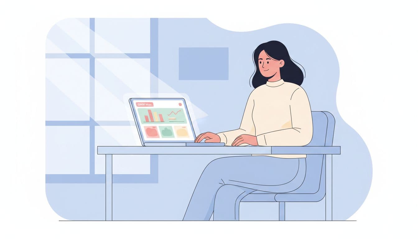 Modern illustration of a Thai marketer in a casual office setting reviewing TikTok Ads Manager on a laptop displaying the GMV Max dashboard with sales charts and product cards. Features clean shapes, pastel palette, soft blue and white tones, natural daylight lighting, and one relaxed person.