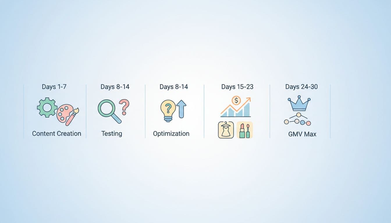 Horizontal timeline illustration of a 30-day TikTok GMV Max roadmap featuring icons for setup, content creation, testing, optimization, rising sales graph, and TikTok shop products like fashion and beauty items, in modern style with soft blue-white background and pastel palette.