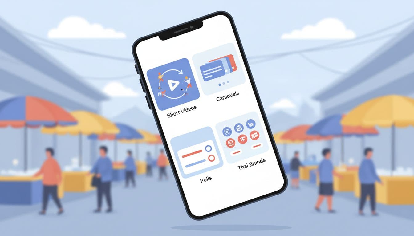 Modern illustration of diverse LINE VOOM content formats like short videos, carousels, and polls for Thai brands, arranged in a grid on an angled phone screen with a vibrant market background.