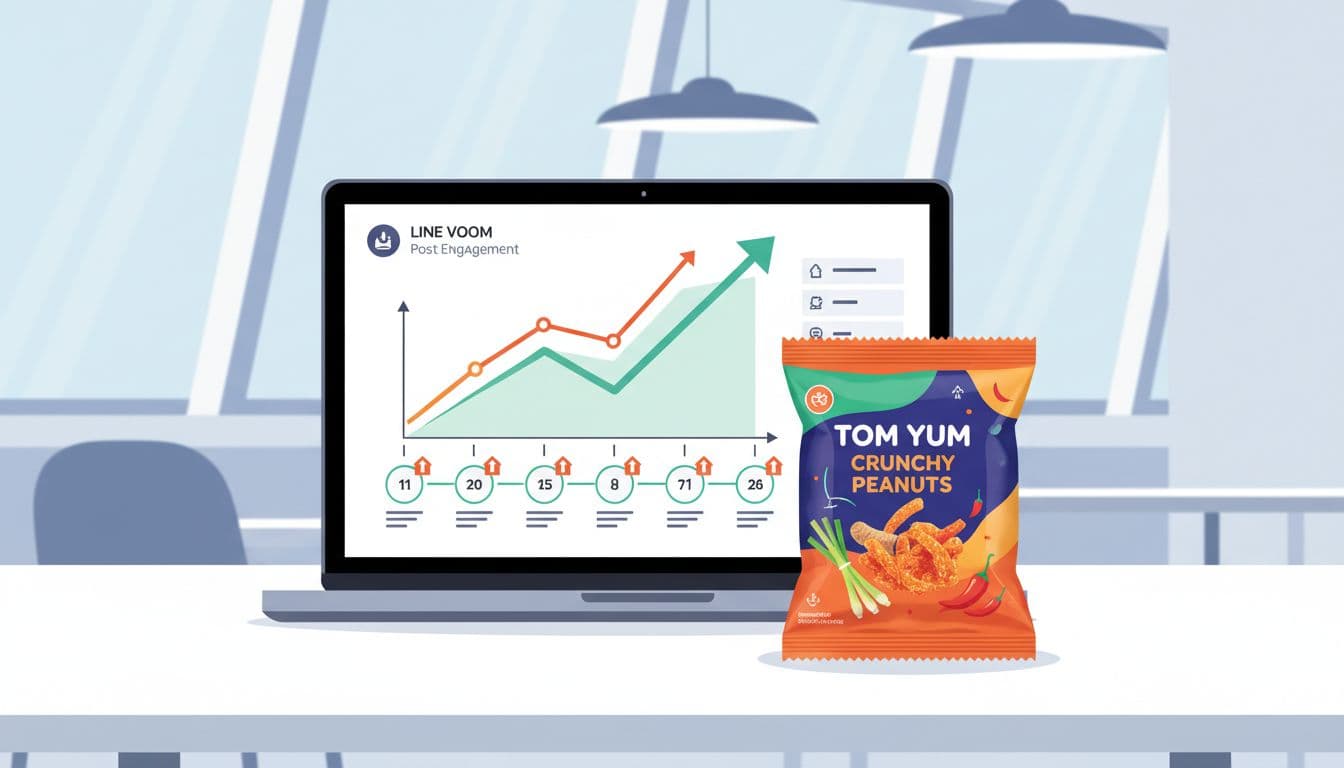 Modern illustration of a successful LINE VOOM campaign timeline featuring rising engagement metrics graph, Thai snack products in focus on a simple dashboard view from a clean office desk with one laptop.