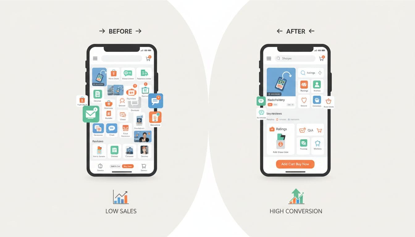 Modern split-screen illustration comparing a cluttered low-sales Shopee product page on the left with a clean high-conversion optimized page on the right, using clean shapes and controlled palette on neutral background.