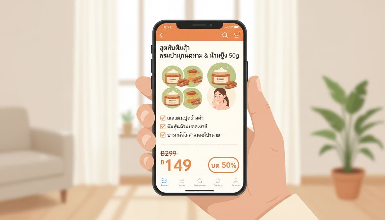 Modern illustration of a Thai consumer brand product page on Shopee app, featuring optimized title, high-quality images, bullet points, price with promotion badge, on a mobile phone screen held by one hand in a casual setting with clean shapes, controlled color palette, and soft natural lighting.