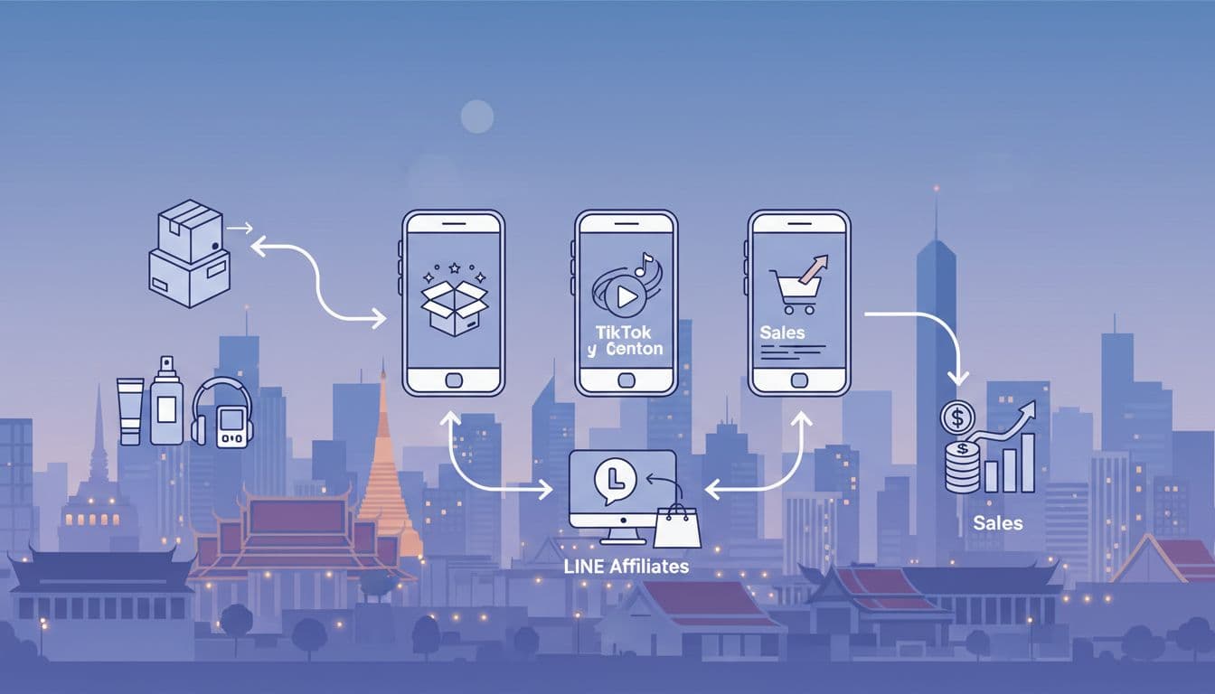 Modern illustration depicting Thailand's creator seeding workflow steps: brands send products to micro-creators for unboxing and TikTok content creation, leading to sales via LINE affiliates. Clean flowchart style with icons of boxes, products, phones, and screens against a Bangkok skyline background.
