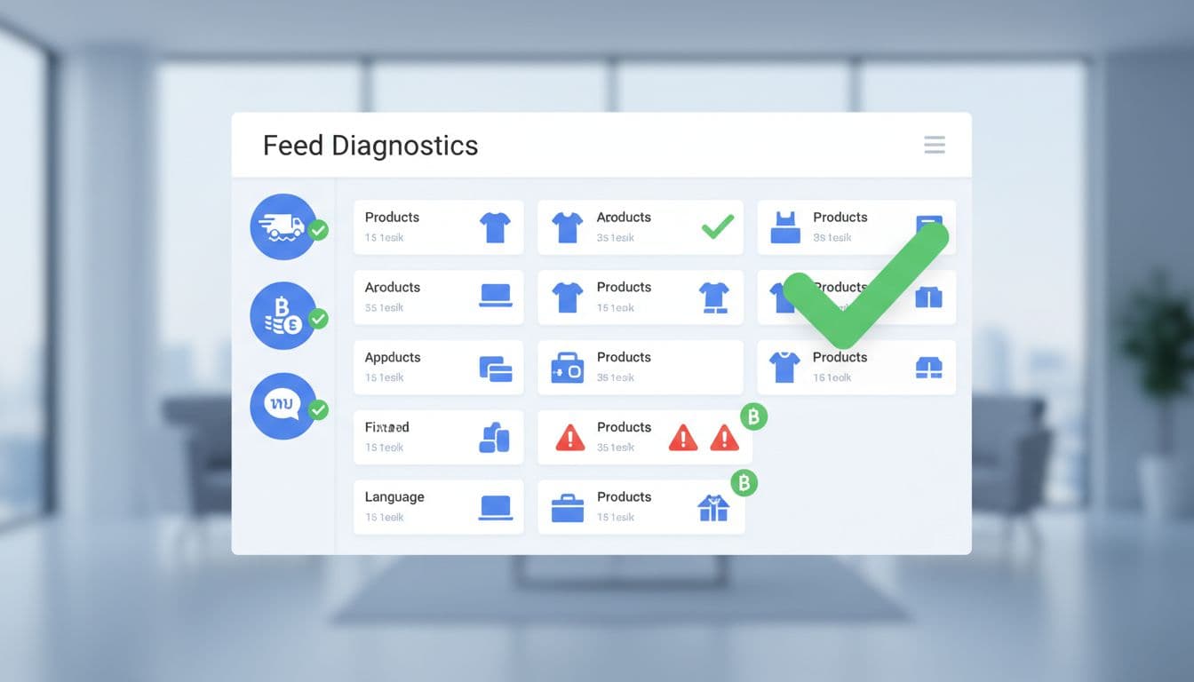 Digital dashboard showing resolved Google Merchant Center feed diagnostics with green checkmarks on approved products and fixed red warnings, featuring simple icons for shipping, currency, and language in Thailand context against a subtle modern office background.