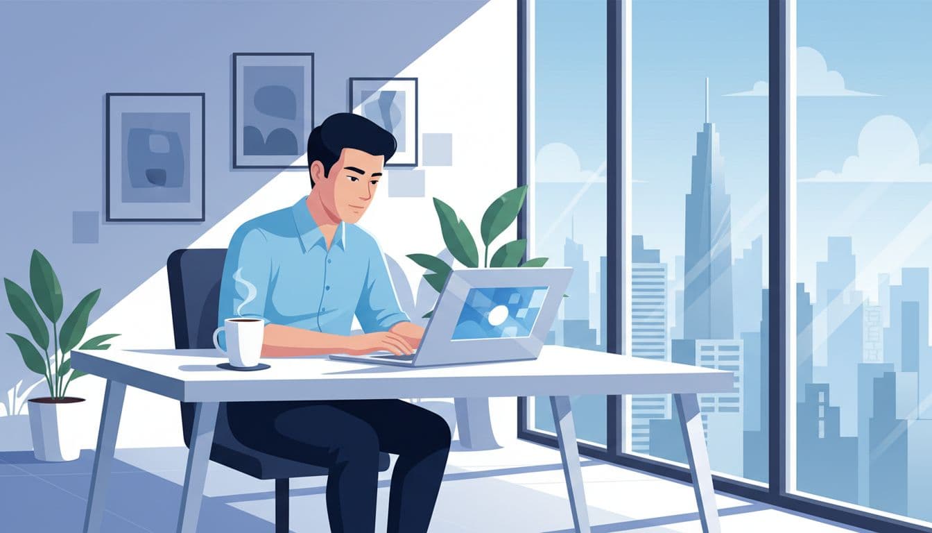 A retail manager at a modern desk in a Thai office focuses on setting up Google Merchant Center via laptop dashboard signup page, with coffee nearby and Bangkok skyline view. Modern illustration in blues and whites with clean shapes and soft lighting.