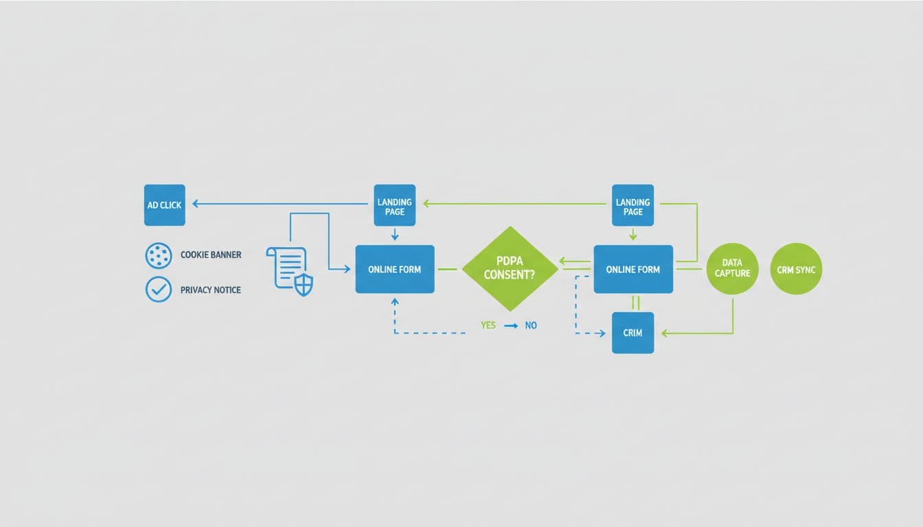 Modern illustration of a lead generation process flowchart from ad click to CRM sync, featuring PDPA consent steps with icons for forms, cookie banners, and privacy notices on a neutral background.