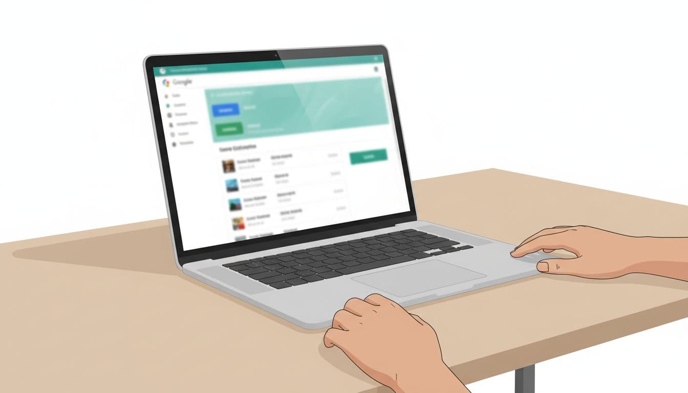 Modern illustration of a laptop on an office desk displaying a blurred Google Business Profile dashboard for bulk managing store locations, categories, and updates, with hands resting on the desk in soft natural lighting.